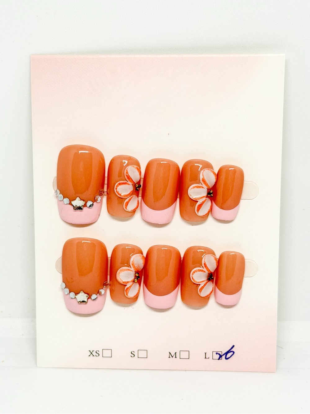 Orange Pink Floral Press-On Nail Set - Women Makeup